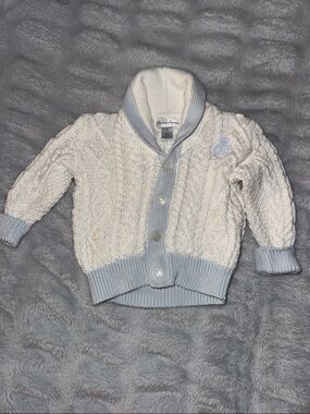 Ralph Lauren White Cable Knit Cardigan with Light Blue Trim